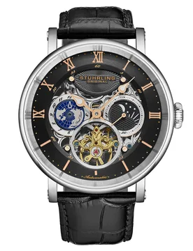 Mens Dual Time Automatic Majestic Skeleton - Black - One Size - Stührling - FashionsVida