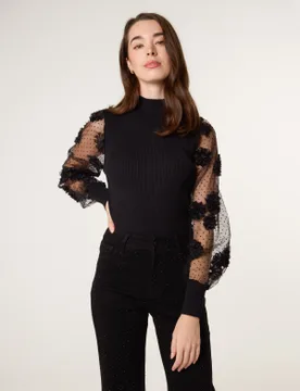 Turtle Neck Jumper With Mesh Polka Dot And Flower Detailed Sleeves - S / BLACK - female - Blue Vanilla - FashionsVida