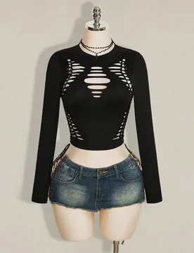Top de manga larga para mujer de otoño, color negro liso, estilo gótico, club, gyaru, casual y versátil para uso diario, con diseño calado para Ha - Shein - FashionsVida