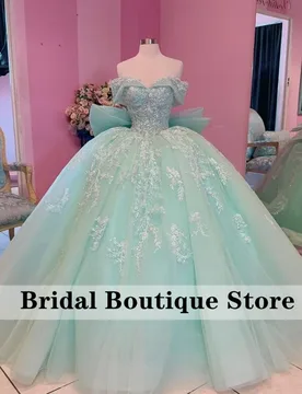 Mint Green Quinceanera Dress off-shoulder Glitter Crystal Decal Lace Long tail Bow vestidos de 15 Quinceanera ﻿Customized - Aliexpress - FashionsVida
