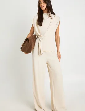 Womens Tall Hammered Knot Front Cowl Neck Blouse Wide Leg Trouser Co-Ord - Ecru - Size 12 Uk - Boohoo - FashionsVida