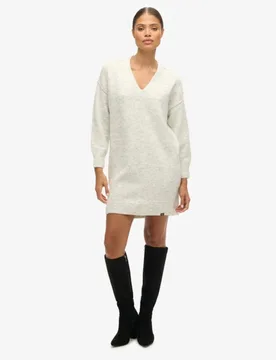 Superdry Damen Strickpulloverkleid mit V-ausschnitt Hellgrau - Größe: 40 - 109.99 - FashionsVida