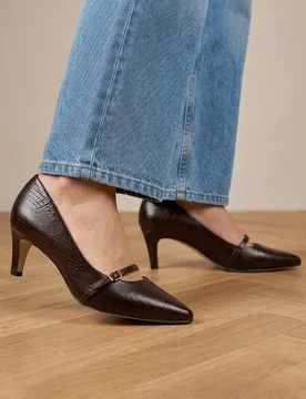 Wide Fit Leather Stiletto Heel Mary Janes Brown female - Jones Bootmaker - FashionsVida