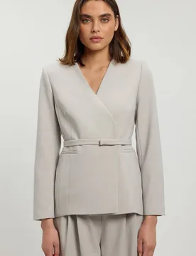 Women's Compact Stretch Belted Tailored Jacket in Grey Marl Size: 16 - Grey Marl - Size: 16 - Karen millen - FashionsVida