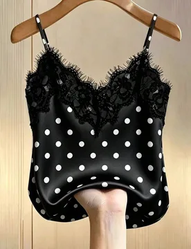 Top de camisola sexy ajustado con patchwork de encaje y satén, top de tirantes casual para mujer, vacaciones de verano en la playa y viajes, estilo h - Shein - FashionsVida