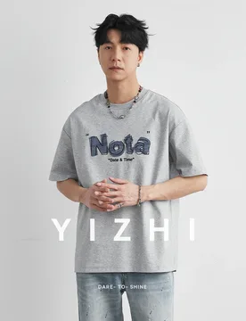 Men's Heavyweight 220g Cotton Crew Neck Short Sleeve T-Shirt 2026 Summer New Loose Denim Patch Nota Letter Print Top - Aliexpress - FashionsVida