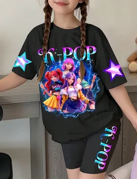 Conjunto de 2 piezas para niñas preadolescentes, camiseta de manga corta y pantalones cortos de verano en color negro con estampado lindo y casual de - Shein - FashionsVida