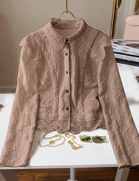 Blusa de manga larga con cuello francés de encaje, cierre de botones para mujeres L - Shein - FashionsVida
