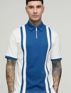 Mens Tall Slim Panelled Zip Neck Interlock Polo - Navy Cotton - Size X-Large - boohooMAN - FashionsVida