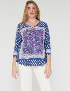 Camiseta de mujer boho estampada manga tres cuartos - October - FashionsVida
