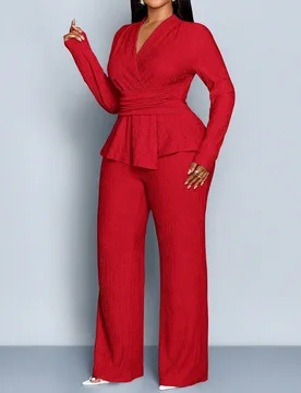 Conjunto de dos piezas de mujer de talla grande con camiseta de manga larga y cuello en V elegante y pantalones de pierna ancha, dobladillo asimétric - Shein - FashionsVida