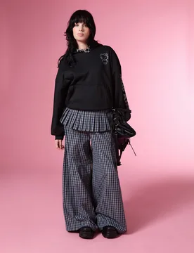 Pantalones holgados a cuadros con falda superpuesta con bordado / Ropa de otoño Y2K para mujeres Ropa de invierno para mujeres Pantalones para mujere - Shein - FashionsVida