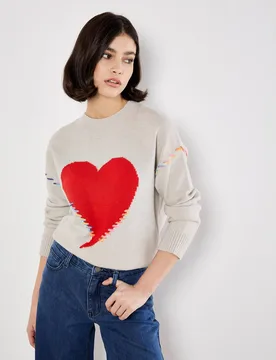 Women's Colourful Stitch Heart Jumper in Stone Size: 14 - Stone - Size: 14 - Apricot - FashionsVida