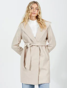 Women's Long Hooded Jacket with Belt in Beige Size: 16 - Beige - Size: 16 - Brave soul - FashionsVida