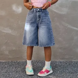 Shorts vaqueros sueltos con múltiples bolsillos y abotonado delantero para niñas preadolescentes, shorts vaqueros casuales de uso diario, de vuelta