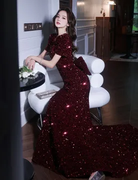 The host of wine red banquet with a fishtail fitted and sequined long dress - Aliexpress - FashionsVida