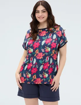 Jersey de mujer bimaterial con estampado floral diseño bimaterial que mezcla dos tejidos diferentes mangas cortas tipo kimono - Fiorella Rubino - FashionsVida
