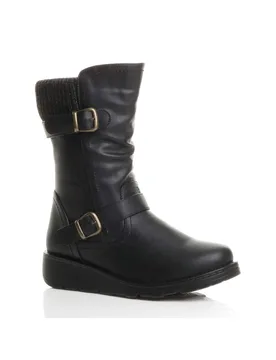 Women's Low Wedge Heel Comfort Calf Biker Boots in Black Size: 4 - Black - Size: 4 - Ajvani - FashionsVida