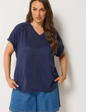 Women's Linen Look T-Shirt in Dark Navy Size: 12 - Dark Navy - Size: 12 - Yours - FashionsVida