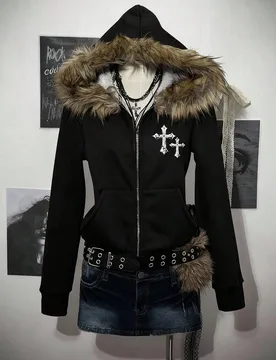 Sudadera con capucha con forro térmico y cuello de piel, estilo casual con cremallera, adecuada para otoño/invierno, con estampado retro vintage, gr - Shein - FashionsVida