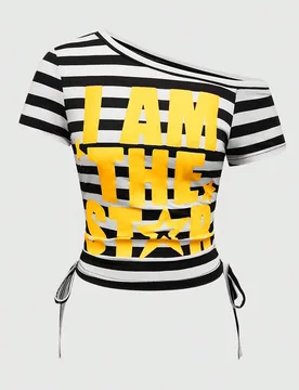 Camiseta Y2K Ligera Y2K Milenio con Rayas y Patchwork, Estampado de Eslogan de Color Brillante XS - Shein - FashionsVida