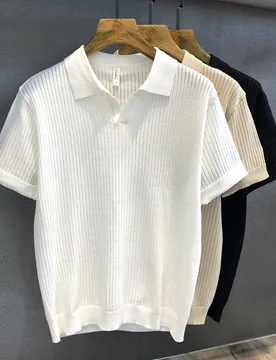 Man Base Layer 2026 New Men V-neck Seagull Collar Knit Shirt Hollow Out Short Sleeve T-shirt Summer Breathable Daily Tops - Aliexpress - FashionsVida