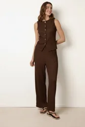 Women's Elasticated Waist Brown Slip On Trousers Size: Medium - Brown - Size: M