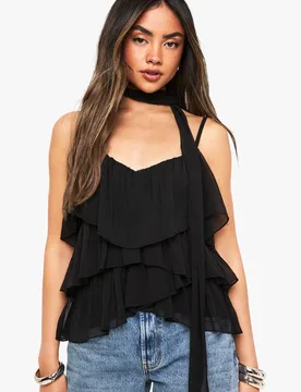 Womens Crinkle Chiffon Ruffle Scarf Cami - Black - Size 8 Uk - Boohoo - FashionsVida