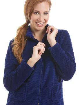 Women's Zip Front Soft Textured Fleece Bed Jacket in Navy Size: 18-20 - Navy - Size: 18-20 - Camille - FashionsVida