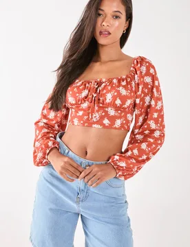 Women's Floral Printed Long Balloon Sleeve Top in Burnt Orange Size: Small - Burnt Orange - Size: S - Pink Vanilla - FashionsVida