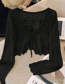 Nuevo cárdigan ligero de unicolor con encaje de ganchillo hueco, prenda exterior versátil para mujeres M - Shein - FashionsVida
