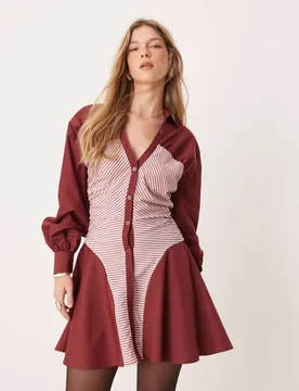 Womens Ruched Panel Mini Shirt Dress In Burgundy Stripe Mix - Size 4 Uk - ASOS DESIGN - FashionsVida