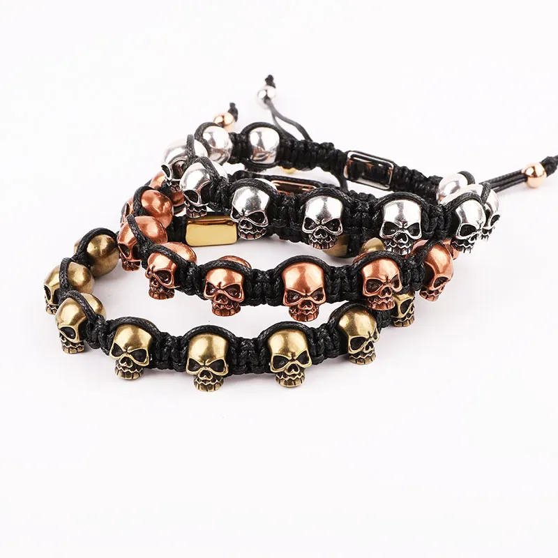 High Quality Vintage Brass Skull Charm Handmade Briaded Adjustable Macrame Beads Bracelet For Men - Aliexpress - FashionsVida