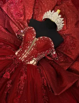 Shiny Red Quinceanera Dress off-shoulder Glitter 3D Flower Decal lace Frill Long tail Bow vestidos de 15 Quinceanera ﻿Customize - Aliexpress - FashionsVida