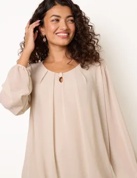 Puffball Round Neck Marble Button Blouse - S/M / BEIGE - female - Blue Vanilla - FashionsVida