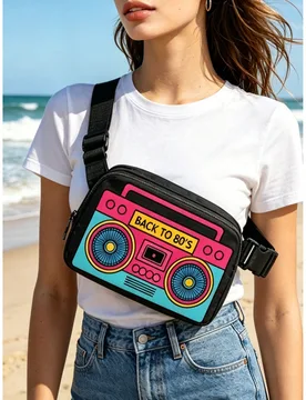 Bolso de mensajero con estampado de cinta de casete retro, bolso de cintura de moda callejera hip-hop Y2K, bolso cruzado ligero con cremallera y corre - Shein - FashionsVida