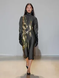 Floral Funnel Neck Midi Column Dress Black Mix female
