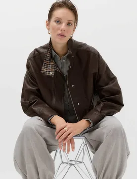 Faux Leather Checked Funnel Neck Bomber Jacket Chocolate female - M&S - FashionsVida