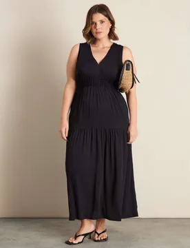 V-Neck Maxi Waisted Dress Black female - Live Unlimited London - FashionsVida