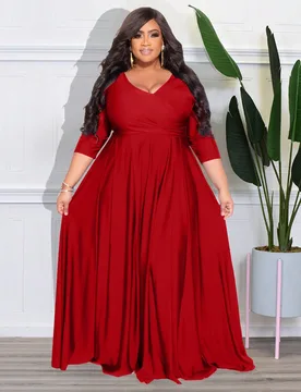 Vestido largo y elegante con cuello cruzado para mujer de talla grande, color rojo primaveral 3XL - Shein - FashionsVida