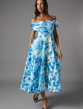 Women's Stripe Organza Pleated Top Floral Print Midi Dress in Blue Size: 8 - Blue - Size: 8 - Coast - FashionsVida
