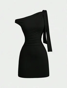 Vestido ajustado sexy con volantes en hombro oblicuo para mujer, ceñido a la cintura, ajustado, vestido mini de estilo francés chic S - Shein - FashionsVida