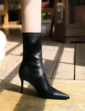 Women's Fashion Simple Solid Mid-Calf Boot Sewing Pointed Toe Slip On Pu Leather Thin High Heel Mature Modern Short Boots - Aliexpress - FashionsVida