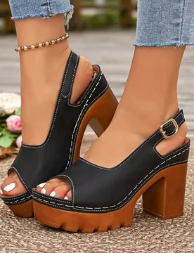 Nuevos sandalias de verano con suela gruesa y tacón ancho para mujeres, con tira y punta abierta, versátiles y cómodas para uso diario con tacón a - Shein - FashionsVida