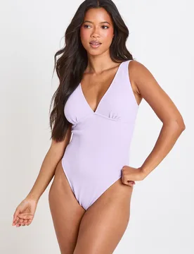 Womens Textured Plunge Neck Swimsuit - Lilac - Size 8 Uk - Boohoo - FashionsVida