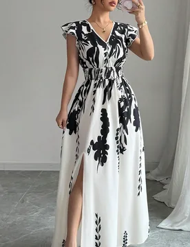 Vestido largo de estilo hawaiano con estampado floral, mangas de mariposa y cuello en V para mujer, atuendo de vacaciones y playa S - Shein - FashionsVida