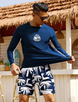 Set de 2 piezas de traje de baño para hombre con estampado de árbol de coco, de manga larga y shorts, hawaiano, para vacaciones XXL - Shein - FashionsVida