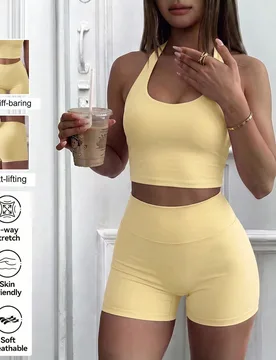 Conjunto de 2 piezas de top de camisola sexy casual de verano y shorts ajustados de cintura alta para mujer, adecuado para correr, entrenamiento, yoga - Shein - FashionsVida