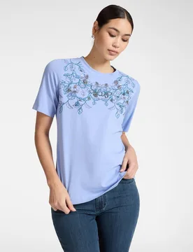 Camiseta de mujer con bordado floral y cuello redondo - Elena Miró - FashionsVida