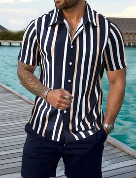 Conjunto de Camisa de Manga Corta a Rayas & Pantalones Cortos para Hombre Talla Grande, Casual y de Moda para Verano, Vacaciones 4XL - Shein - FashionsVida